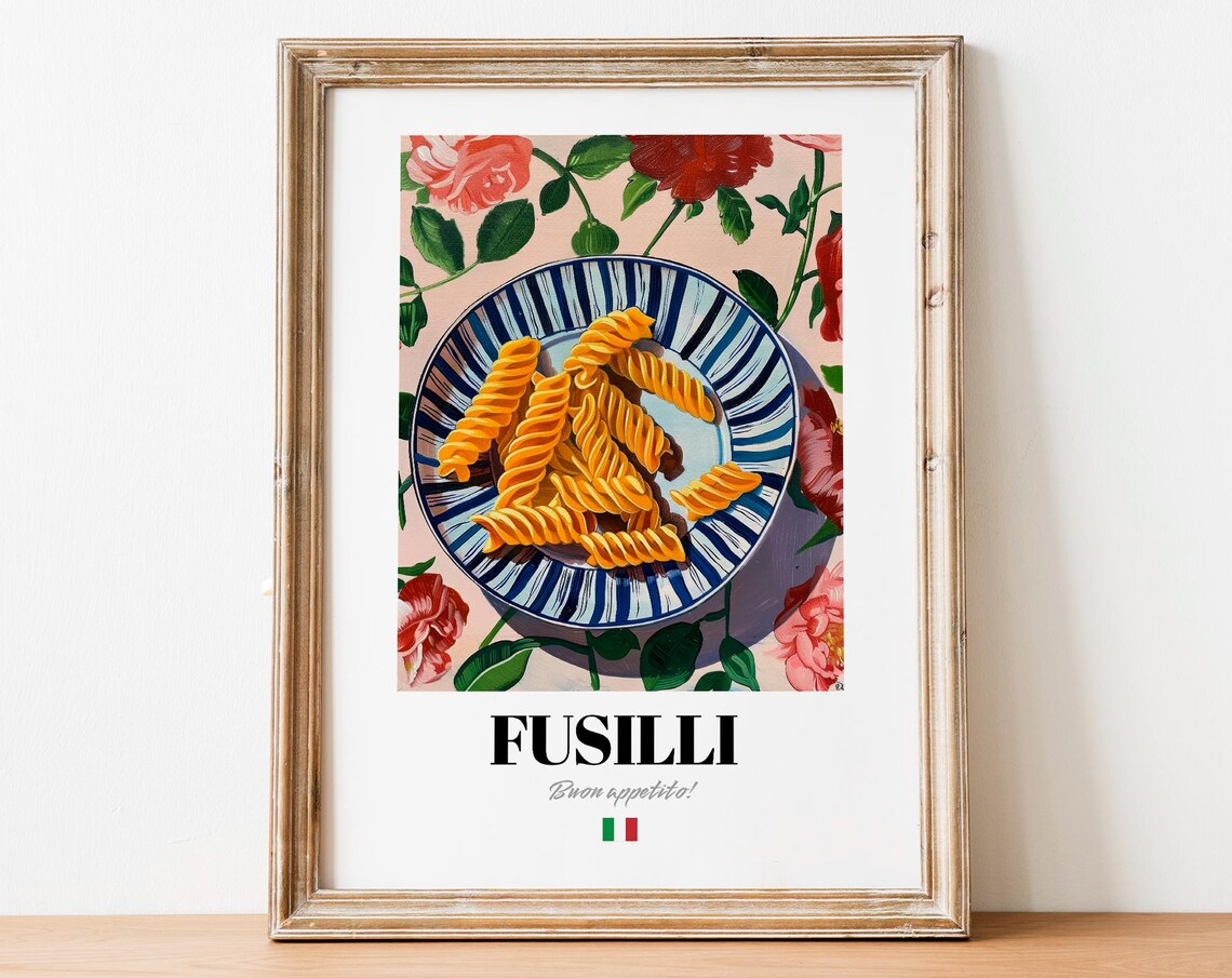 Cheerful Fusilli Buon Appetito Spiral Pasta Floral Art Print Gift