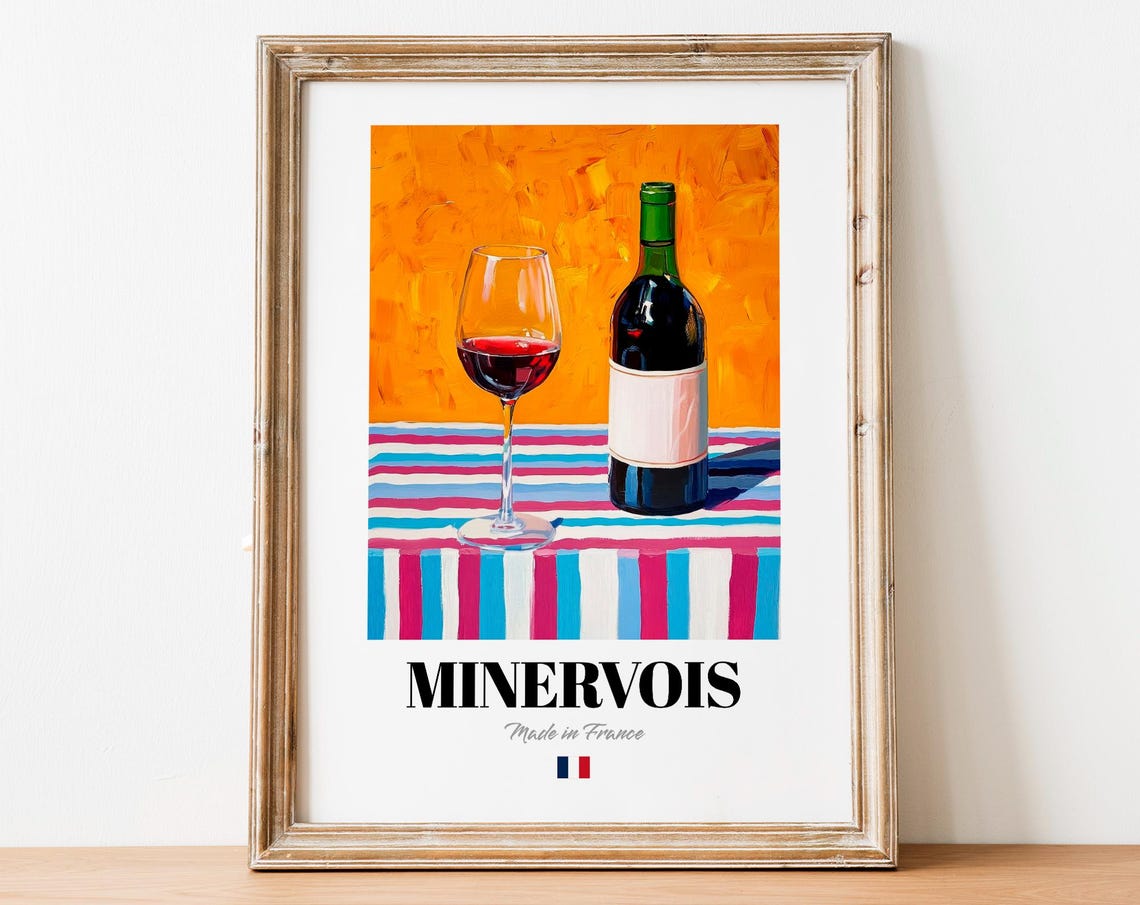 Minervois French Red Wine Glass Bottle Colorful Stripes Art Poster