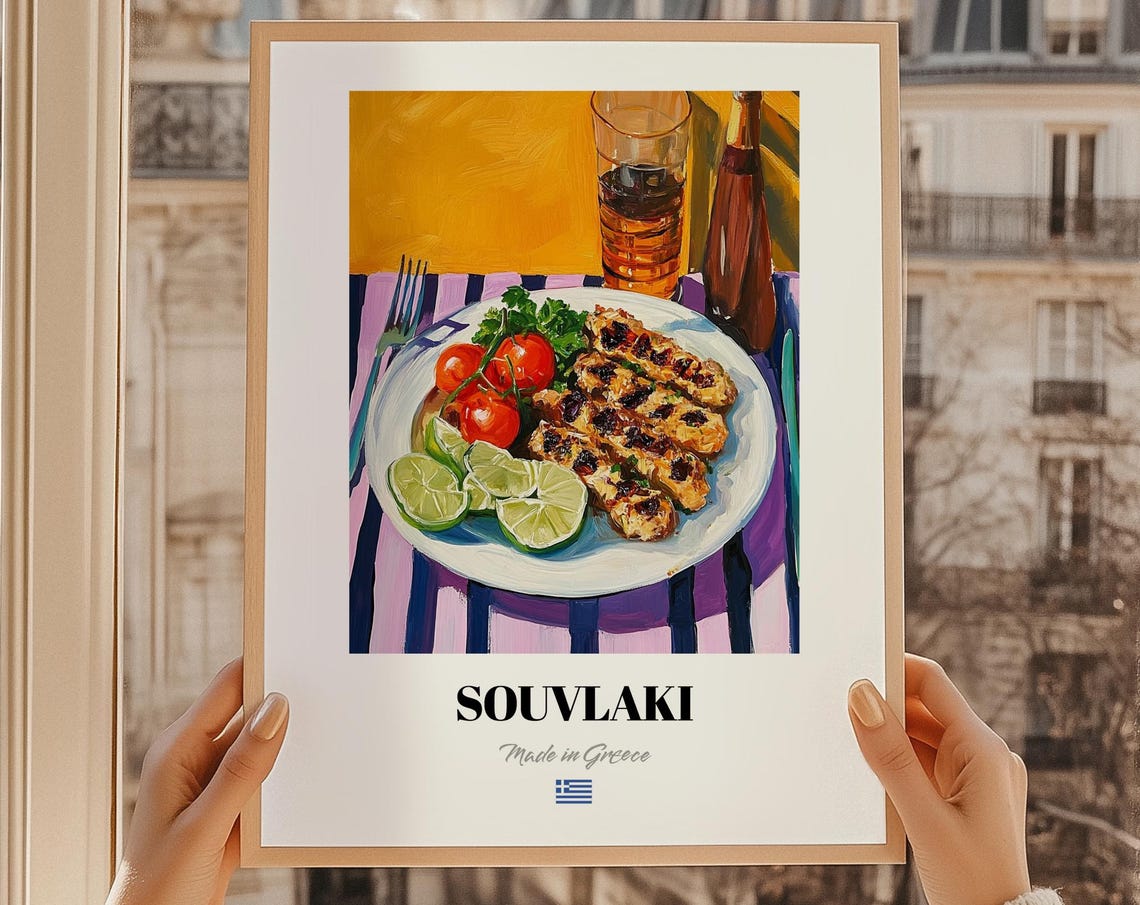 Souvlaki Made in Greece Colorful Kitchen Food Painting Poster