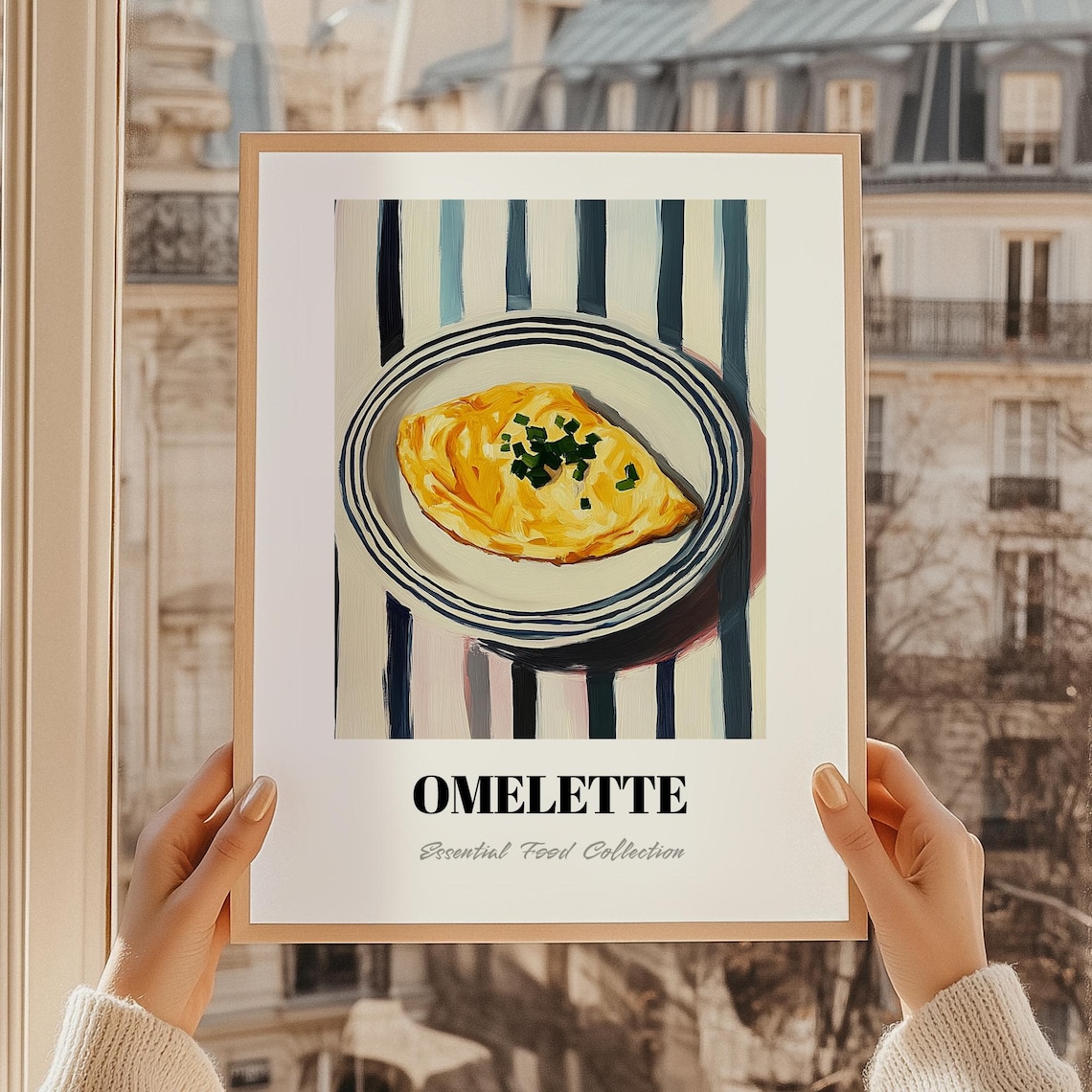 Omelette Chives Painting Striped Brunch Kitchen Food Art Poster