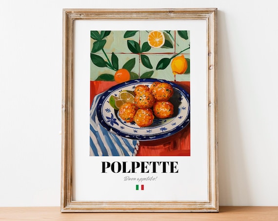 Polpette Italian Meatballs Oil Painting Rustic Kitchen Food Poster