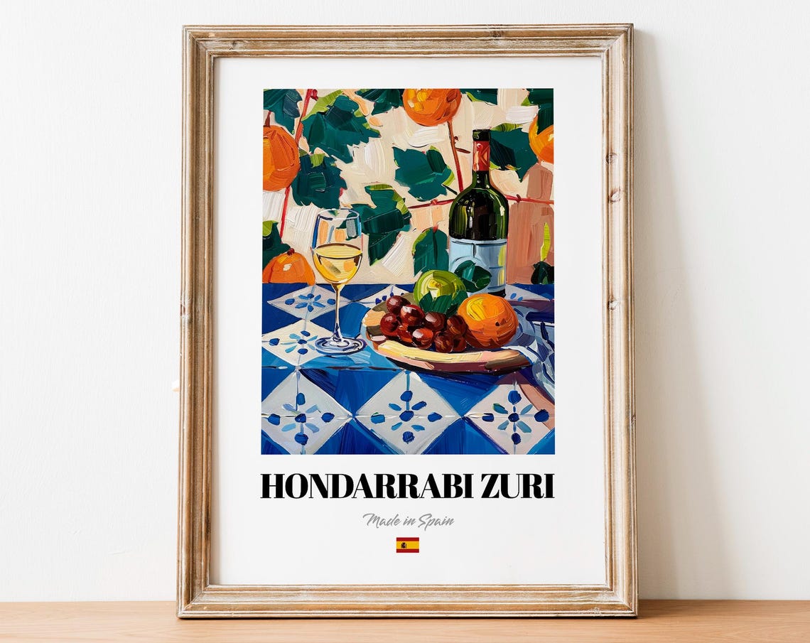 Hondarrabi Zuri Wine Still Life With Grapes Spanish Tiles Poster