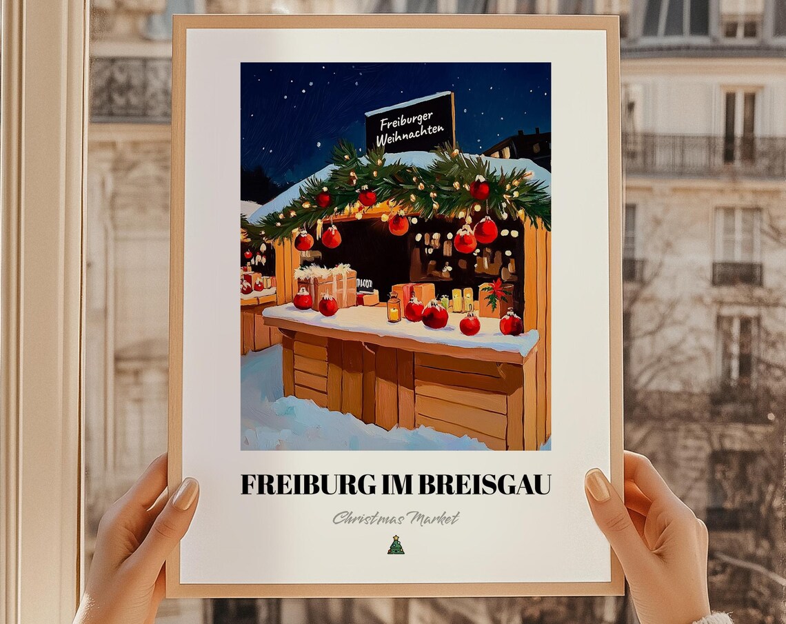 Freiburg Christmas Market Wooden Stall Snow Night Holiday Poster
