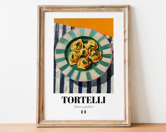 Tortelli Italian Pasta Basil Orange Striped Kitchen Wall Poster