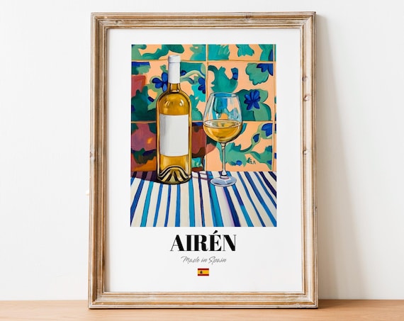 Airén Spanish White Wine Bottle And Glass Still Life Art Poster