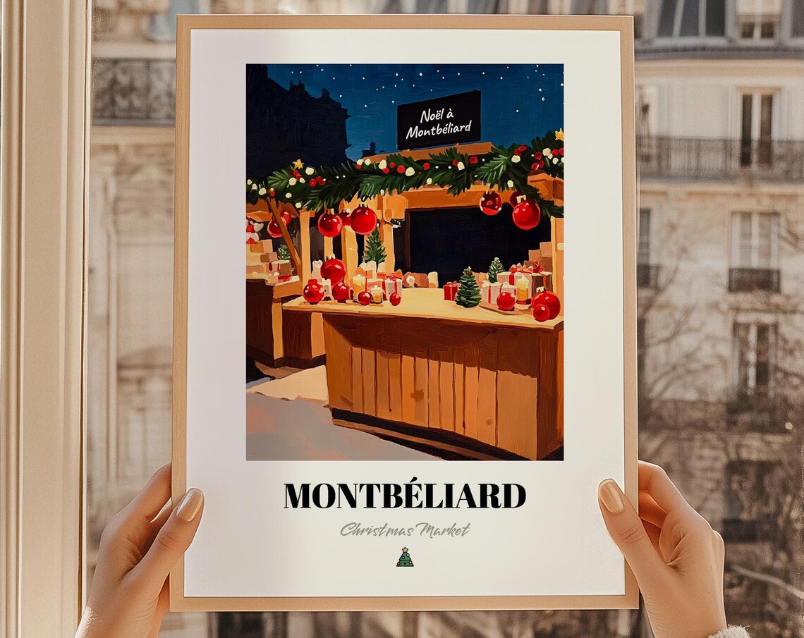 Montbeliard Christmas Market Night Stall France Holiday Poster