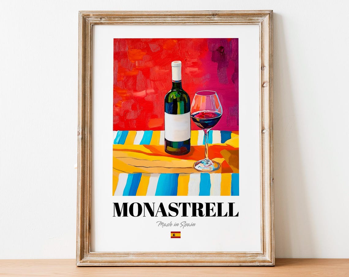Monastrell Made in Spain Red Wine Bottle and Glass Color Art Poster