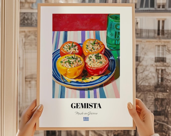 Colorful Gemista Greek Stuffed Vegetables Blue Plate Food Art Poster
