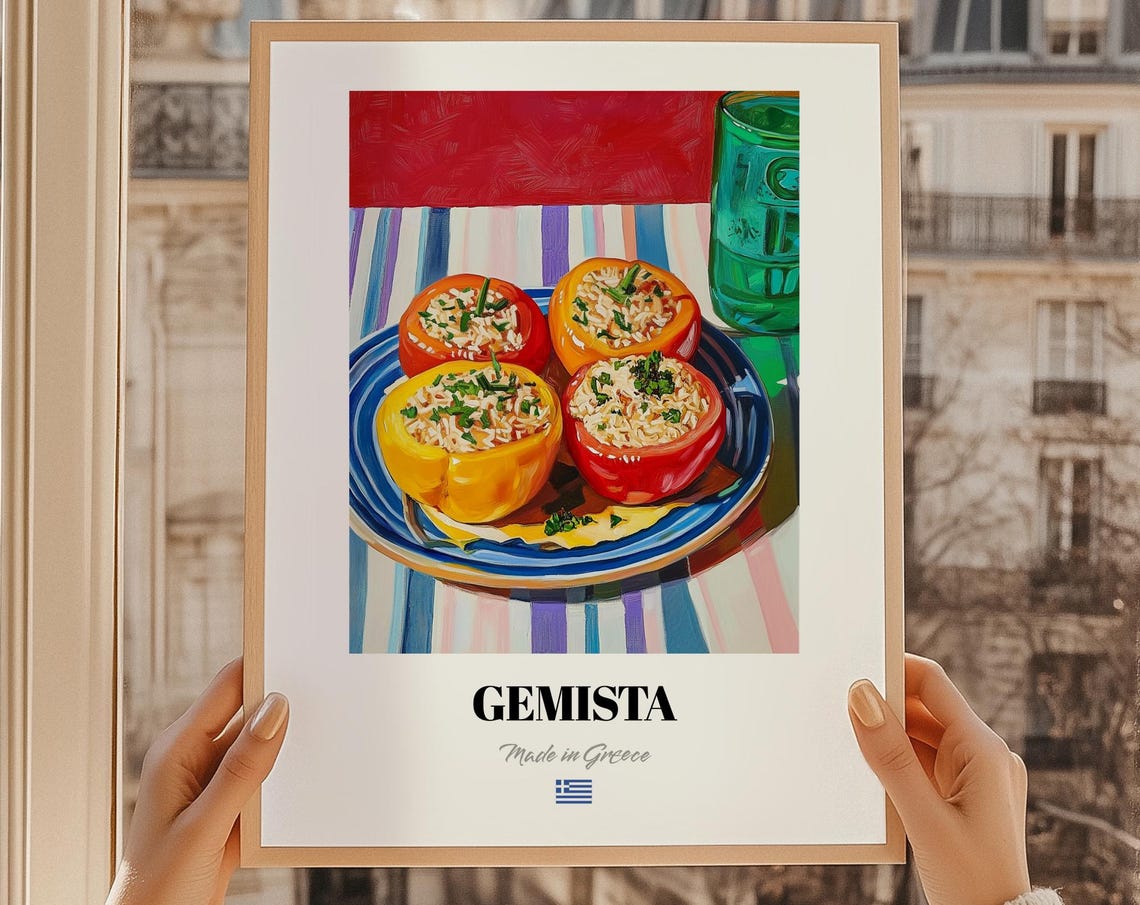Colorful Gemista Greek Stuffed Vegetables Blue Plate Food Art Poster