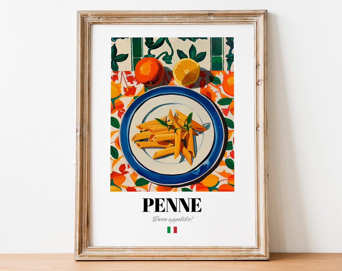 Penne Italian Pasta Oil Painting Citrus Tablecloth Art Poster