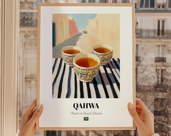 Qahwa Saudi Arabic Coffee Patterned Cups Still Life Illustration Poster