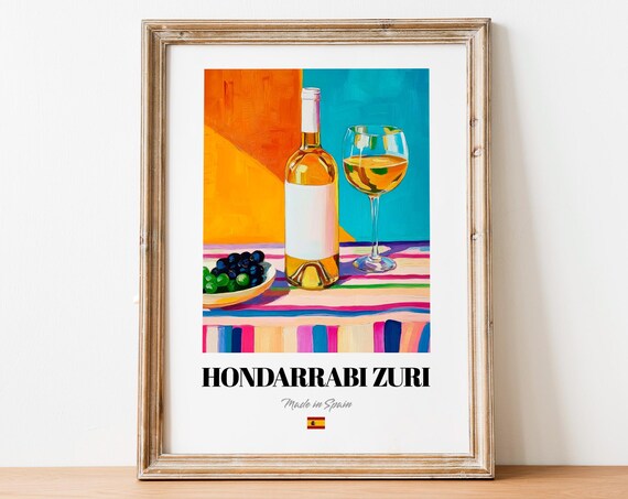 Hondarrabi Zuri Spanish White Wine With Grapes Colorful Art Poster