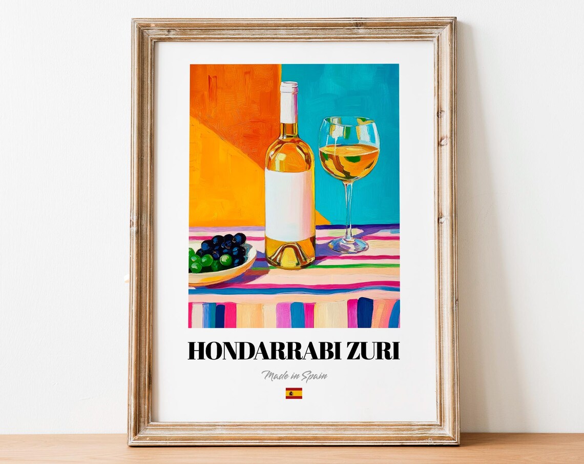 Hondarrabi Zuri Wine Wall Art Print Poster Refreshing Basque White Artwork