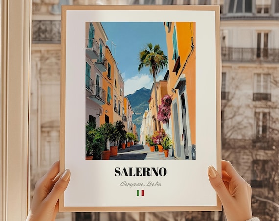 Salerno Italy Palm Lined Street Mountain View Oil Painting Style Poster