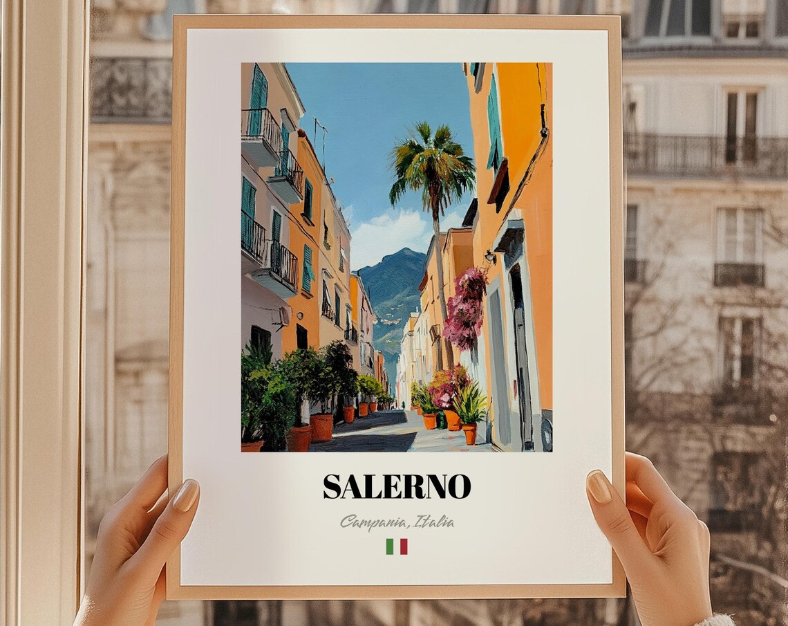 Salerno Italy Palm Lined Street Mountain View Oil Painting Style Poster