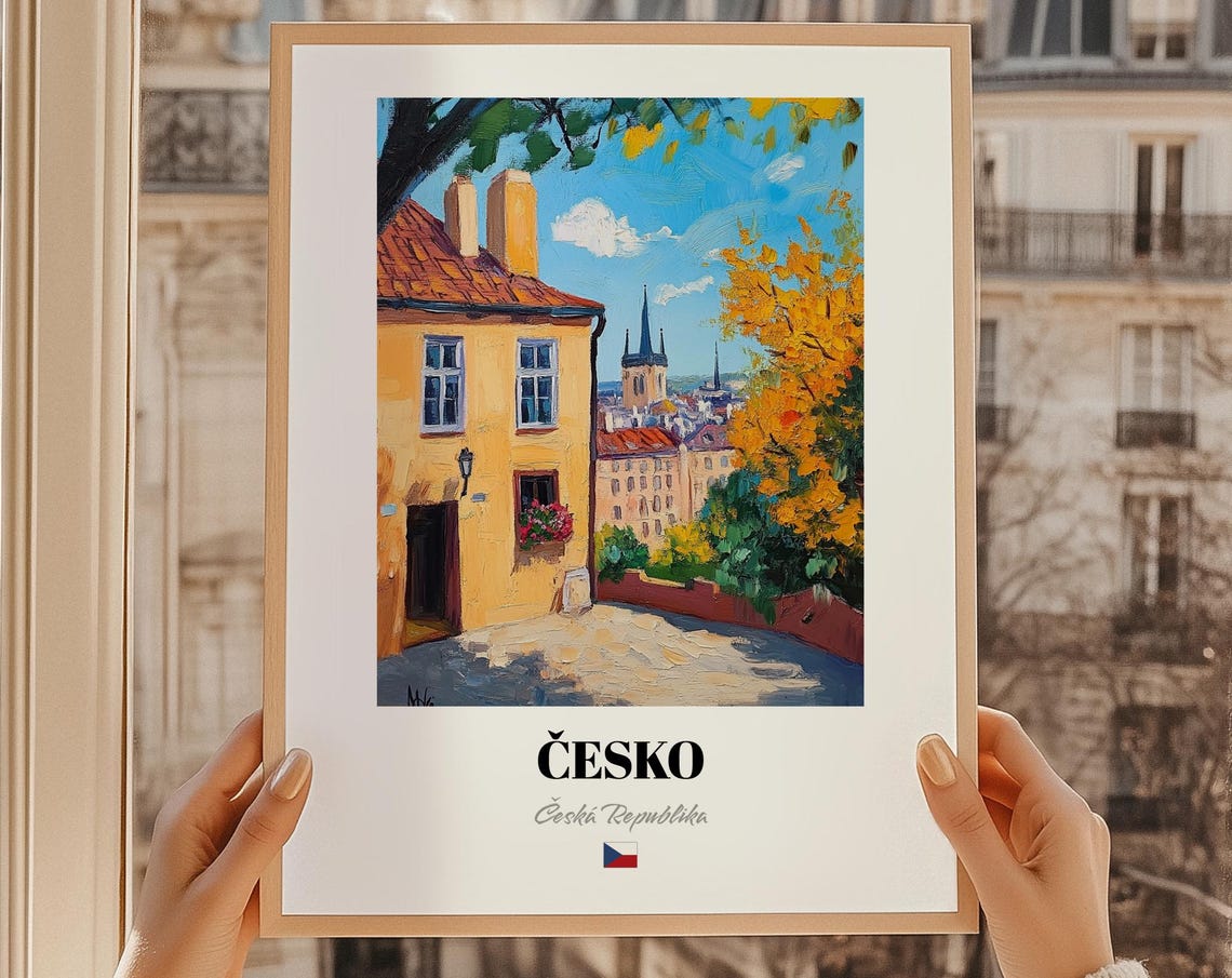 Česko Czech Republic Golden Autumn Street Painting Travel Poster