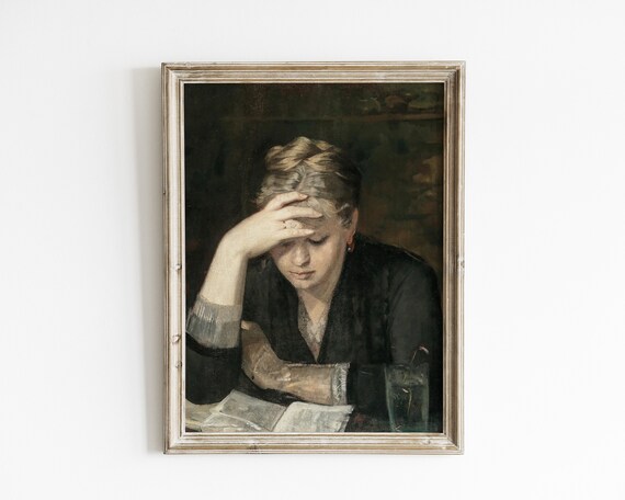 Moody Woman Reading Portrait Antique Dark Oil Painting Poster