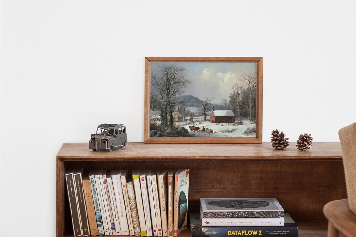Country Christmas Village Print Vintage Winter Village Country Snowy Landscape Wall Decor Neutral Holiday Winter Art Print - Image 2