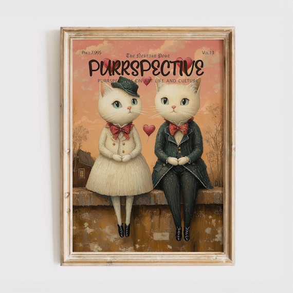 Purrspective Magazine Cover Cats In Love Vintage Whimsical Art Print