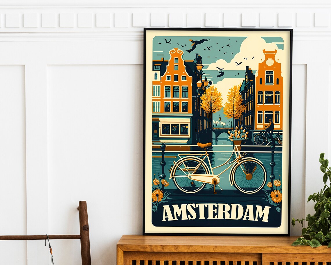 Amsterdam Netherlands Retro Canal Bicycle and Bridge Travel Poster