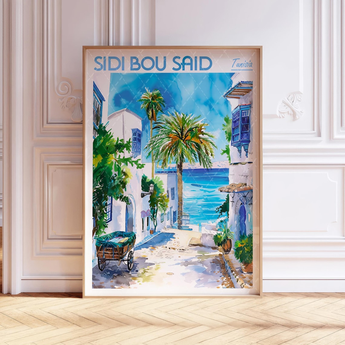 Sidi Bou Said Tunisia Blue Street Sea Watercolor Travel Poster