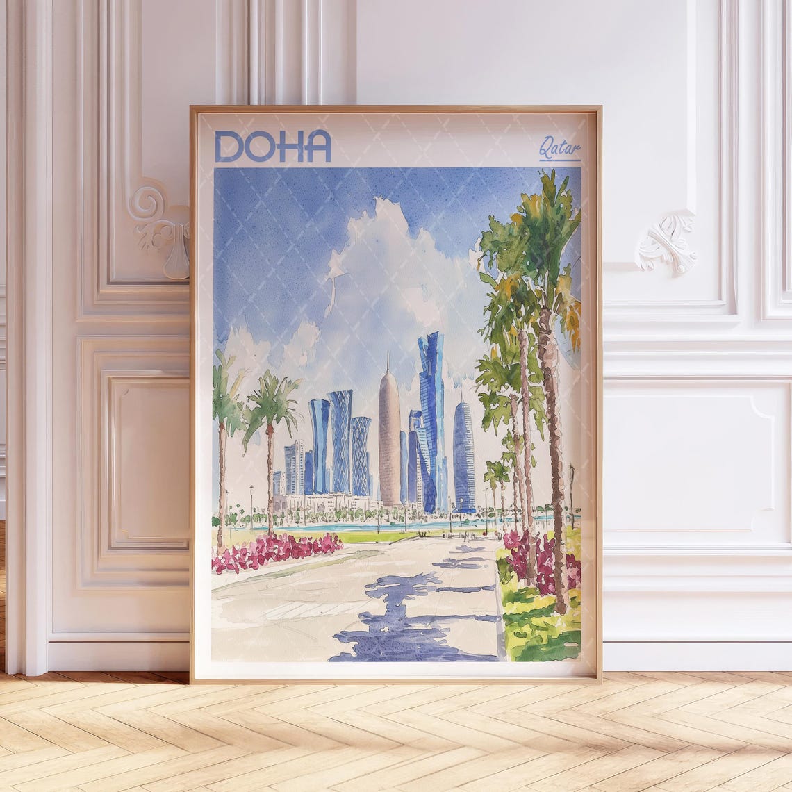 Doha Qatar Skyline Watercolor Palm Lined Corniche Travel Poster