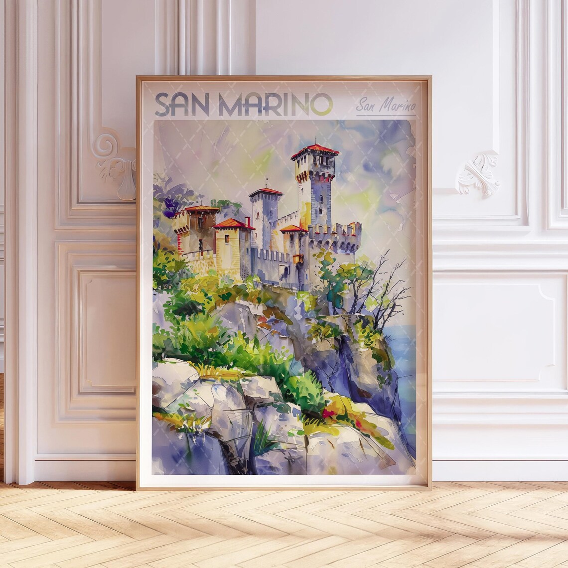San Marino Castle Cliff Fortress Watercolor Travel Art Poster