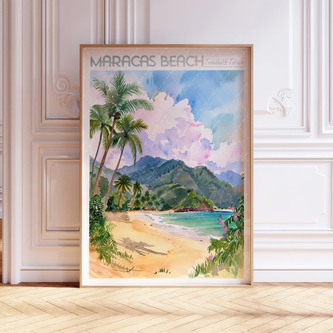 Maracas Beach Trinidad And Tobago Watercolor Travel Poster Palm Shore