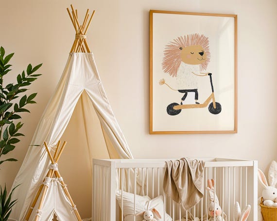 Eclectic Animal Wall Art Kids Room Decor Lion With Scooter Funny Print Nursery Cute Playful Childrens