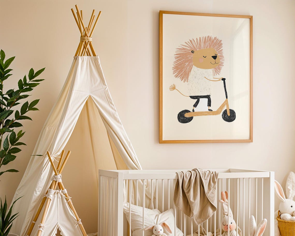 Smiling Lion Riding a Scooter Cute Playful Kids Room Nursery Poster