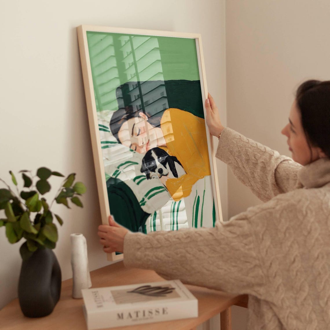 Woman Napping with Puppy in Yellow Sweater Cozy Artwork Poster - Image 4