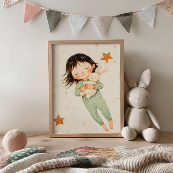 Little Girl In Pajamas Hugging Bunny Stars Sweet Nursery Poster
