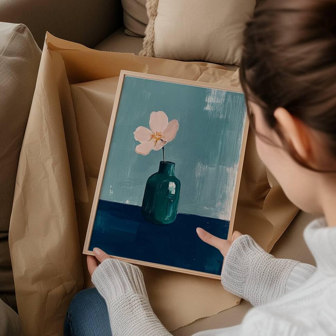 Single Pink Flower in Green Vase on Teal Botanical Art Poster - Image 4