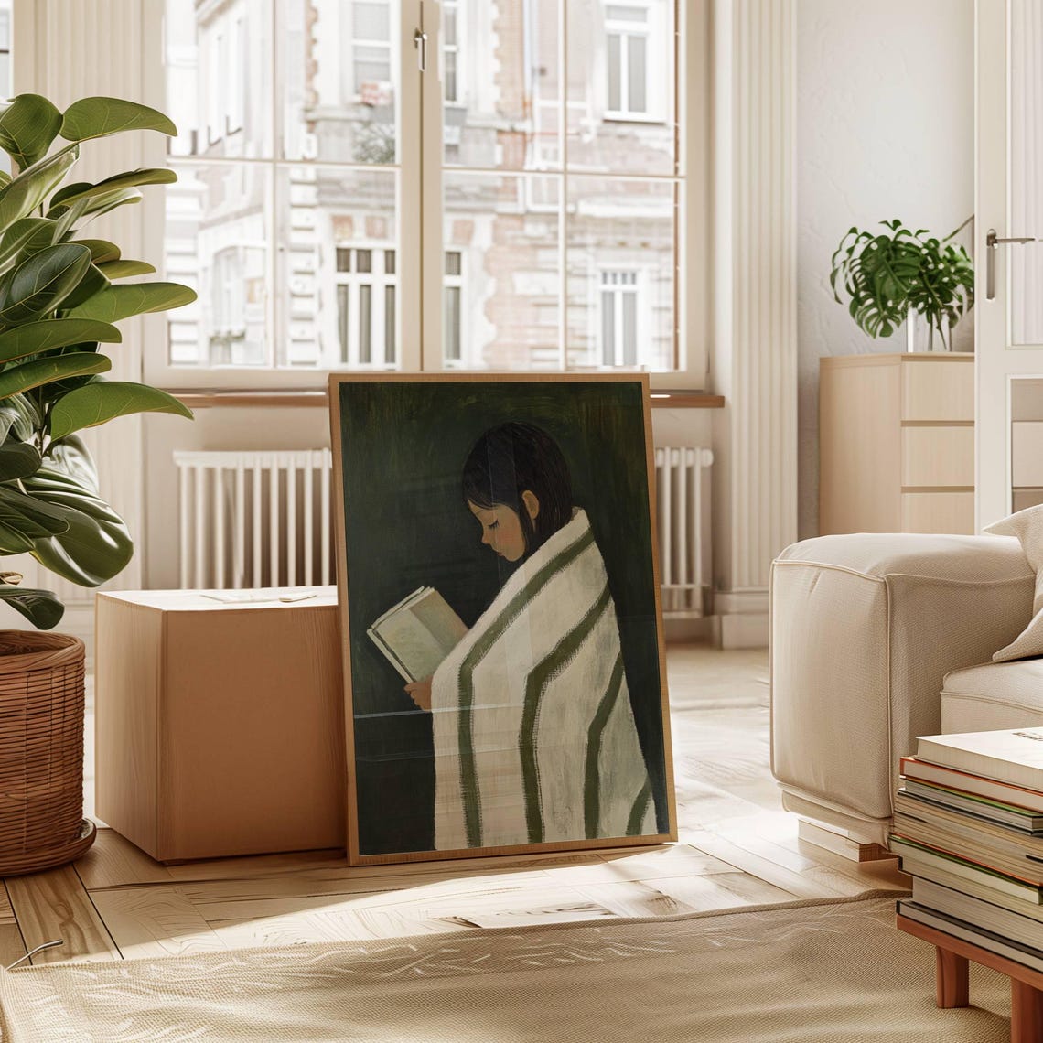 Girl Reading Book Wrapped In Striped Blanket Moody Green Art Poster - Image 2
