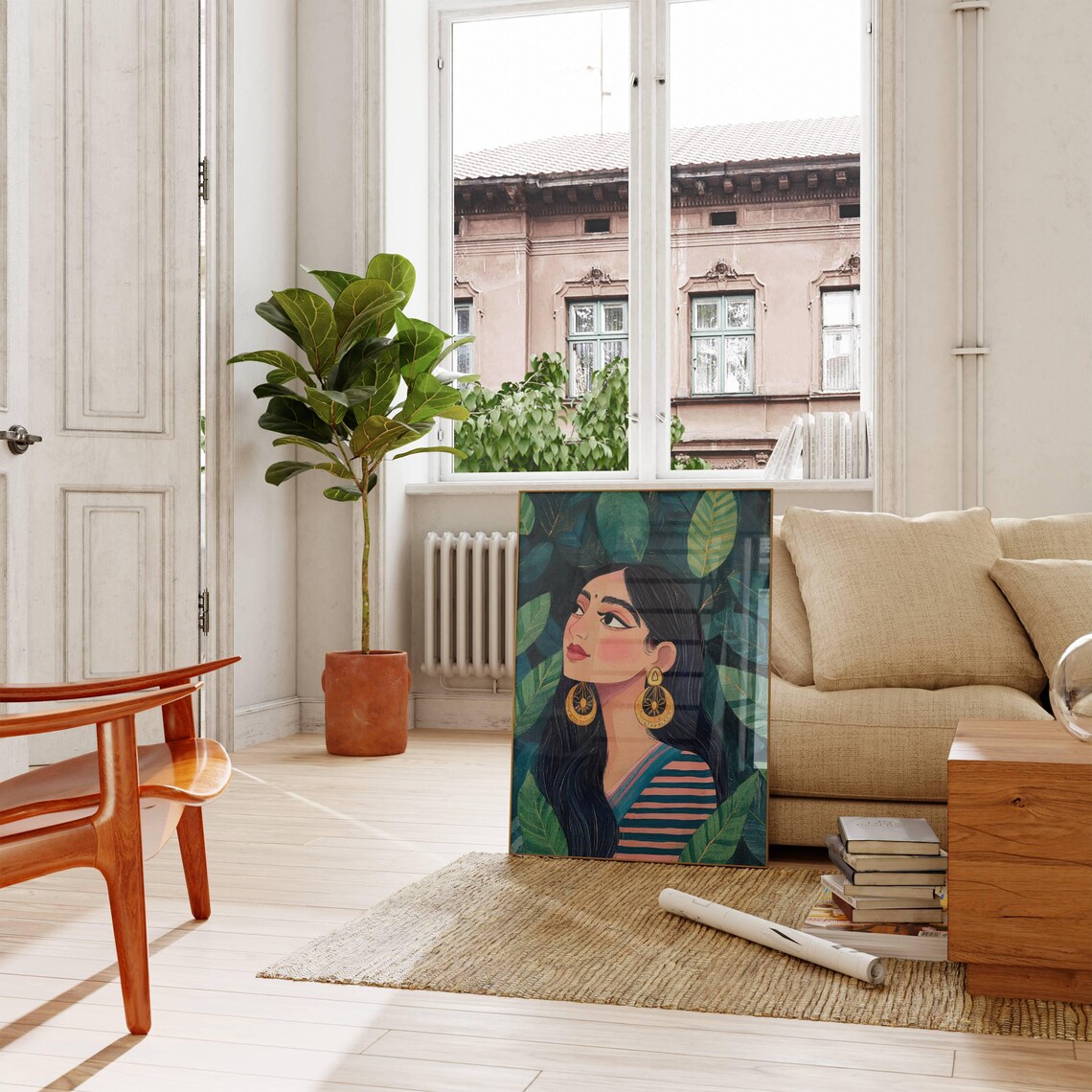 Indian Woman Portrait Gold Earrings Dark Green Tropical Art Poster - Image 3