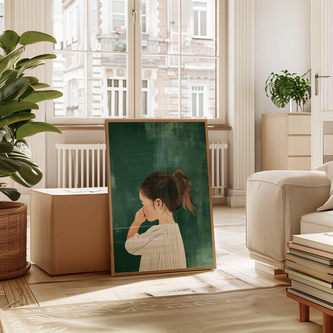 Little Girl In Bathroom Green Striped Shirt Nursery Art Poster - Image 4