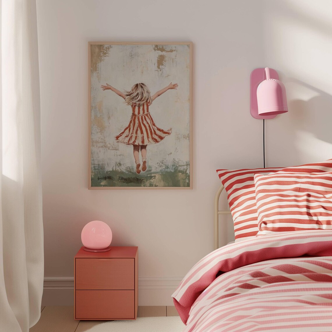Girl in Red Striped Dress Jumping with Arms Raised Art Poster - Image 4