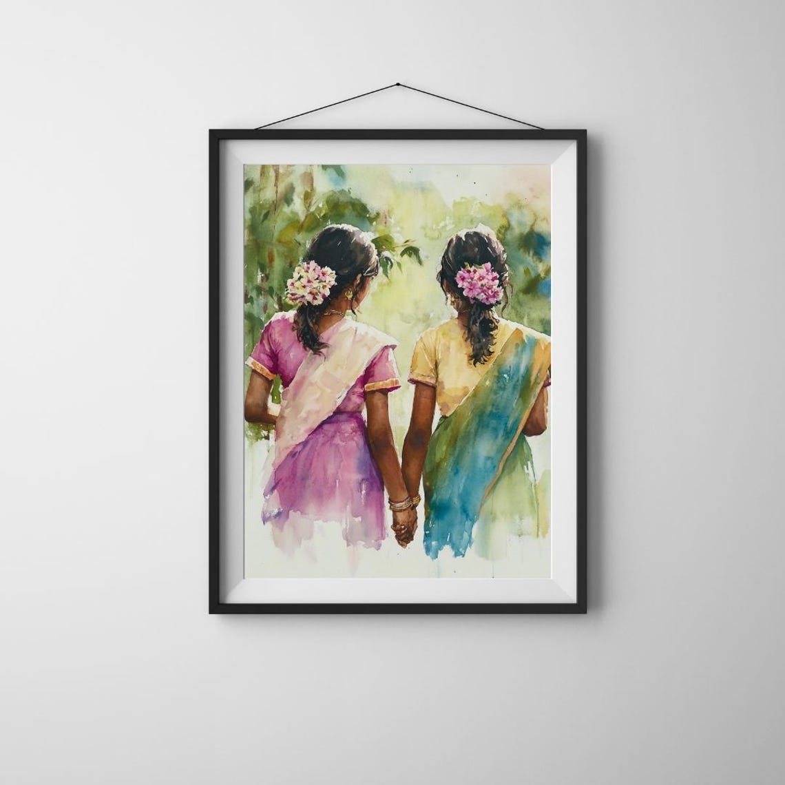 South Indian Best Friends Art Sister Wall Art Tamil Girls Watercolor Painting Desi Painting South Asian Women Print Indian Home Decor Gift - Image 2