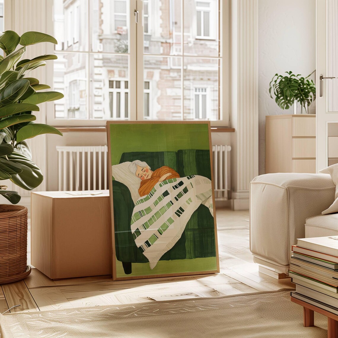 Sleeping Grandmother on Sofa Green Cozy Illustration Art Poster - Image 4