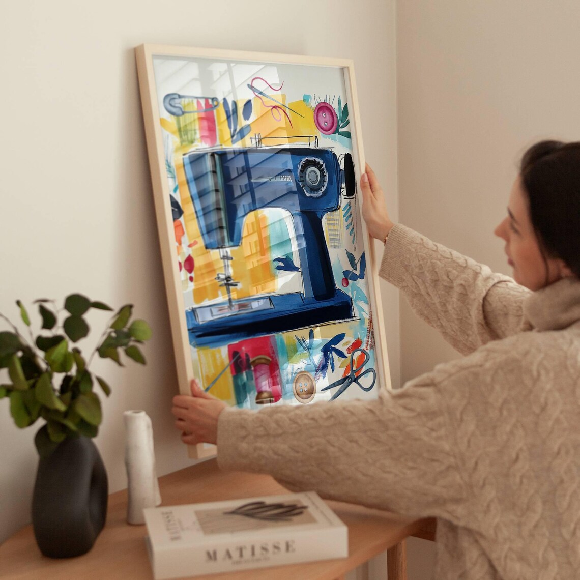 Blue Sewing Machine Notions Watercolor Craft Room Art Poster - Image 2