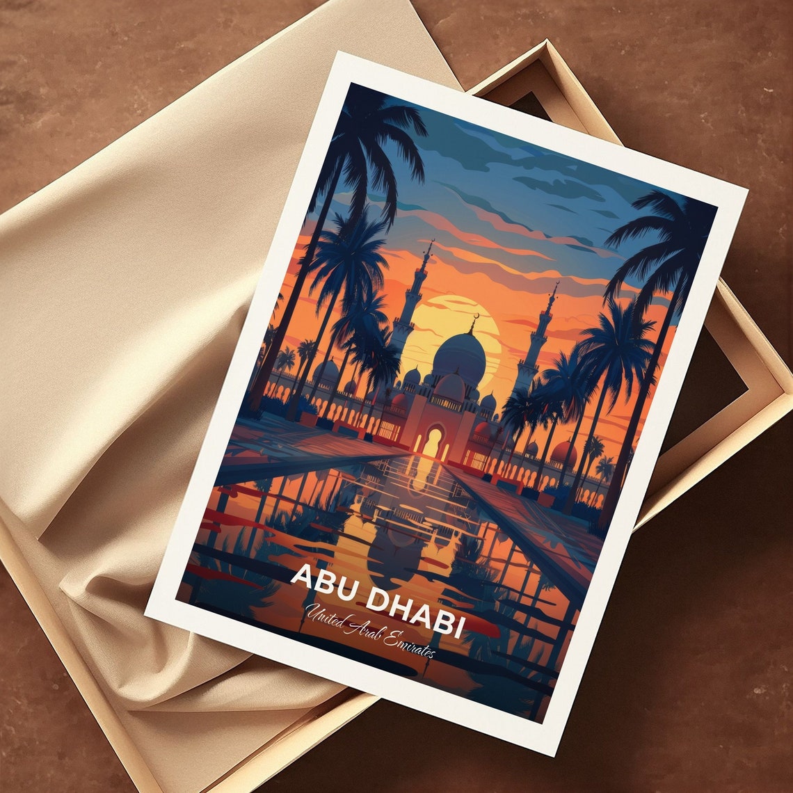 Abu Dhabi UAE Grand Mosque Sunset Palms Reflecting Pool Travel Poster - Image 3