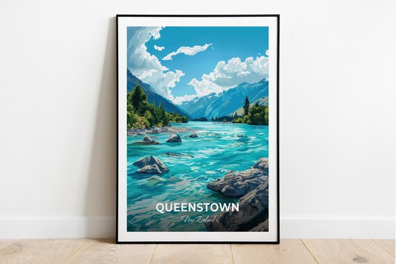 Queenstown Shotover River Whitewater Rapids Peaks Travel Poster