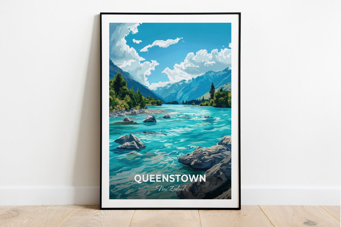 Queenstown Shotover River Whitewater Rapids Peaks Travel Poster