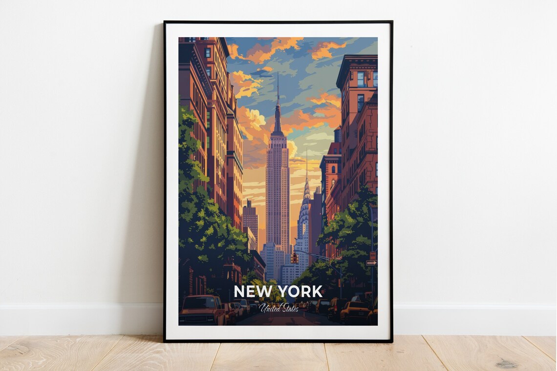 New York Empire State Building Street View At Sunset USA Travel Poster