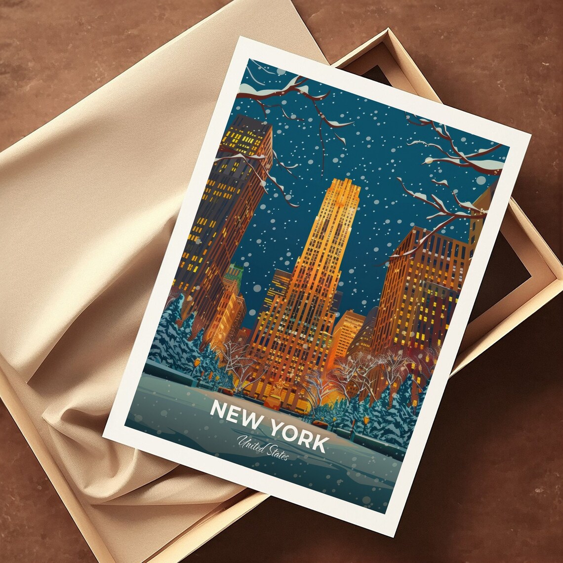 New York United States Rockefeller Center Winter Snow Travel Poster - Image 3