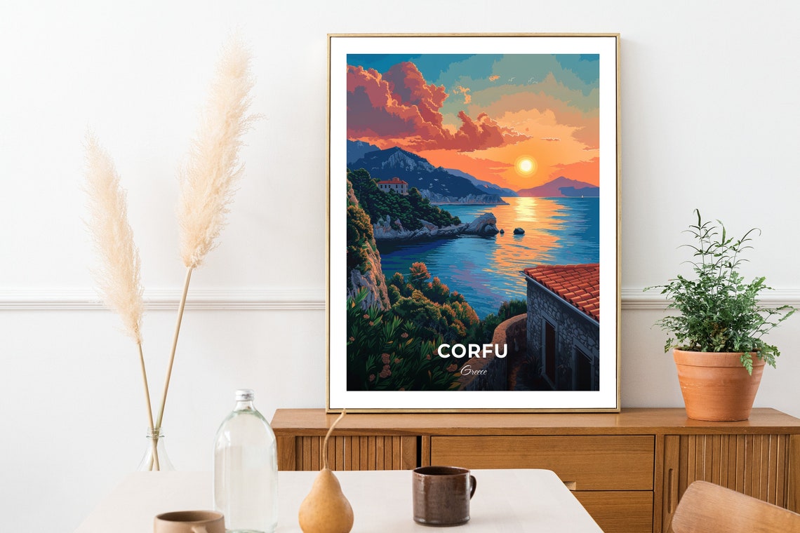 Corfu Greece Golden Sunset Over Rocky Coastline Sea Glow Poster - Image 2