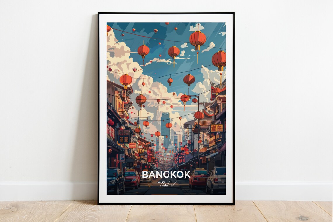 Bangkok Chinatown Red Lanterns Festive Street Scene Travel Poster