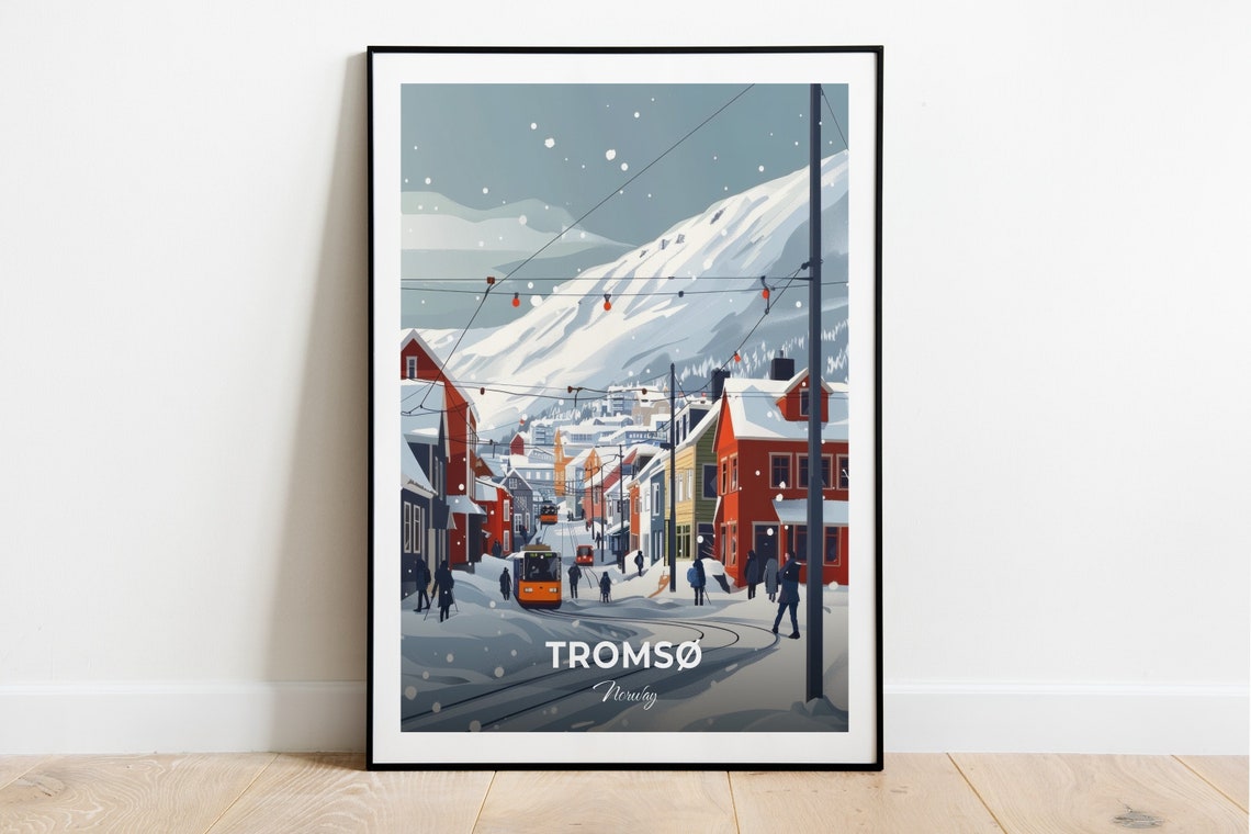 Tromso Norway Winter Street Snow Mountain View Travel Poster