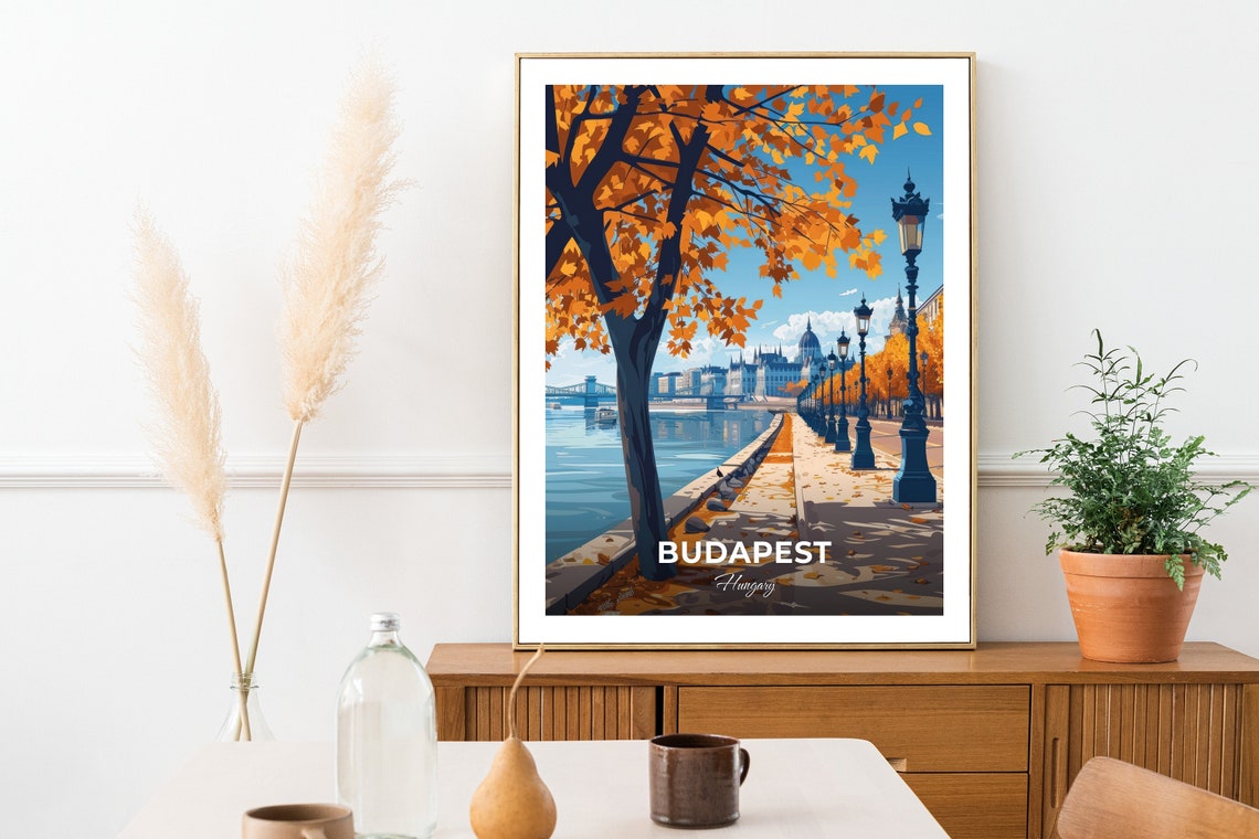 Budapest Autumn Riverside Promenade Parliament Golden Leaves Poster - Image 2