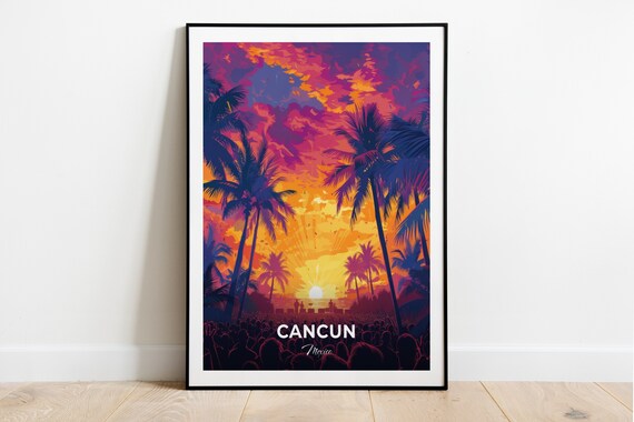 Cancun Mexico Neon Sunset Palm Trees Beach Party Tropical Night Poster
